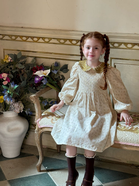 Girls Velvet Collar Smocked Dress, Cream & Olive