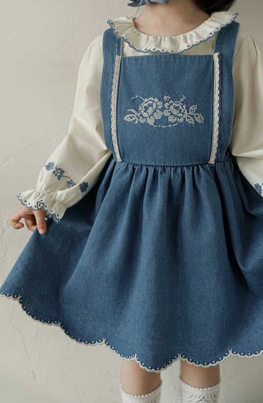 Isla Embroidered Denim Pinafore Dress, Classic Blue