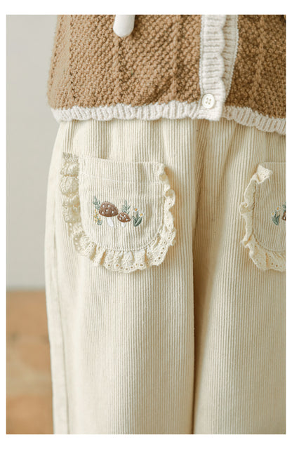 Girls Embroidered Corduroy Trousers, Buttercream