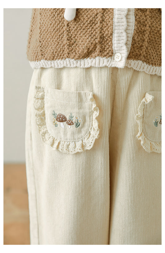 Woodland Embroidered Corduroy Trousers, Cream