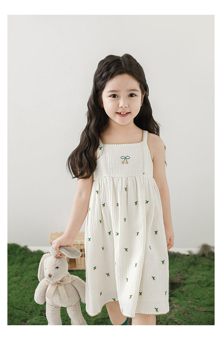 Baby Girl Cherry Embroidered Muslin Dress, Ivory