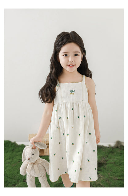 Baby Girl Cherry Embroidered Muslin Dress, Ivory