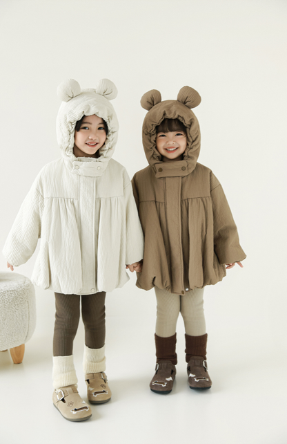 Girls Stripe Quilted Textured Puffer Coat, Mocha Beige