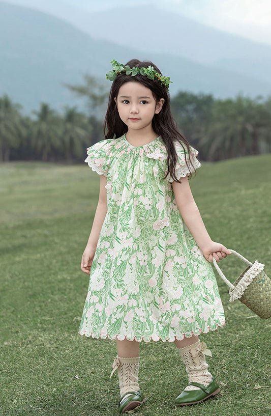 Ivy Butterfly Appliqué Dress, Green Floral