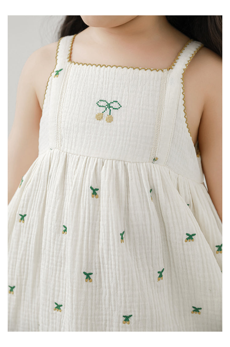 Baby Girl Cherry Embroidered Muslin Dress, Ivory