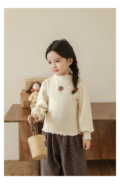 Girls Floral Embroidered Frill Trimmed Top, Oat