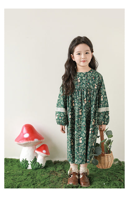 Girls Floral Lace Detail Dress, Forest Green