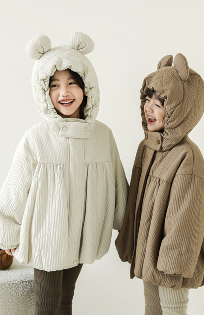 Girls Stripe Quilted Textured Puffer Coat, Ivory