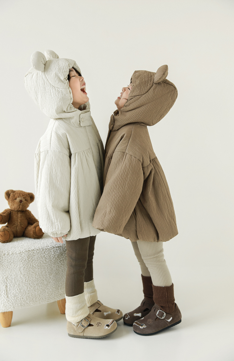 Girls Stripe Quilted Textured Puffer Coat, Mocha Beige