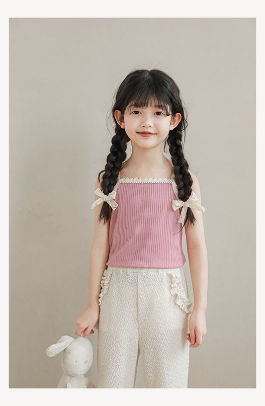 Girls Lace Trim Ribbed Strap Top, Pink
