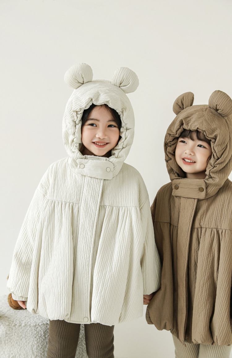 Girls Stripe Quilted Textured Puffer Coat, Ivory