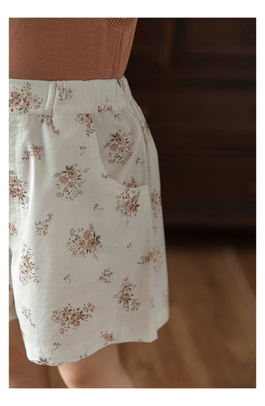 Girls LIghtweight White Cotton Shorts, Vintage Floral