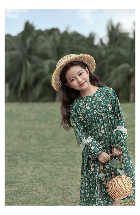 Girls Floral Lace Detail Dress, Forest Green