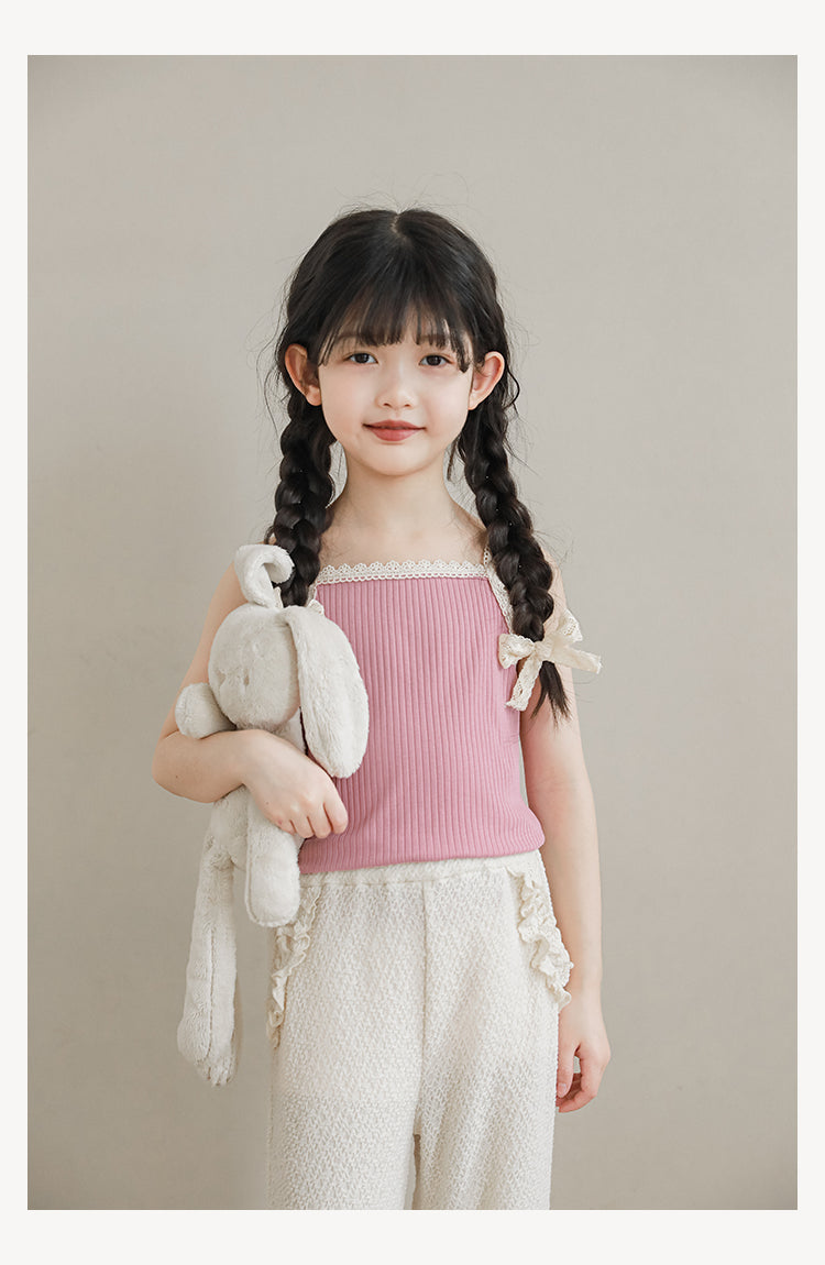 Girls Lace Trim Ribbed Strap Top, Pink
