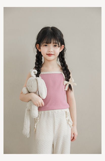 Girls Lace Trim Ribbed Strap Top, Pink
