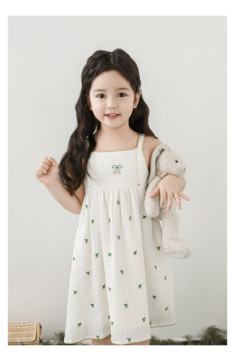 Baby Girl Cherry Embroidered Muslin Dress, Ivory