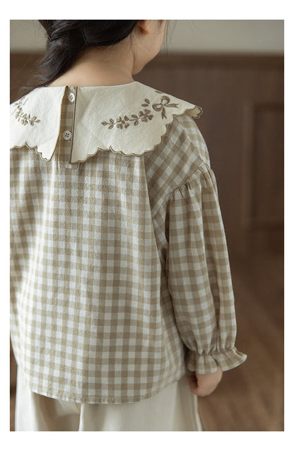 Girls Embroidered Collar Blouse, Beige Gingham