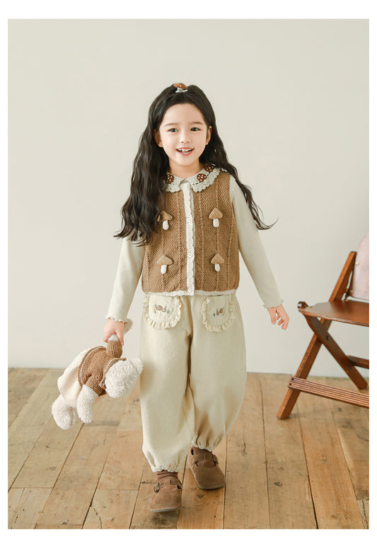 Girls Floral Embroidered Corduroy Trousers, Oat