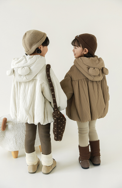 Girls Stripe Quilted Textured Puffer Coat, Ivory