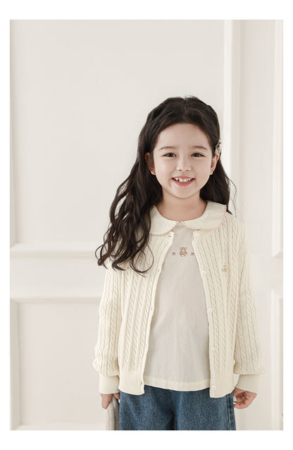 Girls Embroidered Cable Knit Cardigan, Ivory