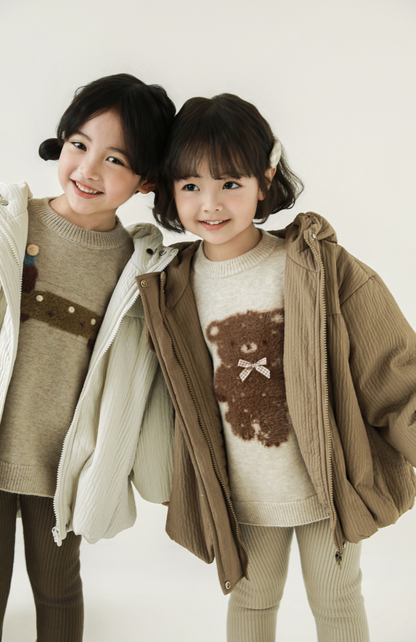 Girls Stripe Quilted Textured Puffer Coat, Ivory