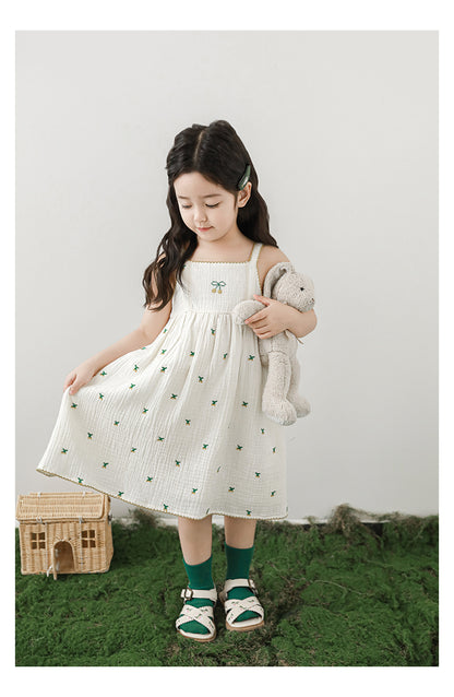 Baby Girl Cherry Embroidered Muslin Dress, Ivory