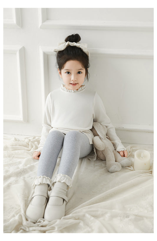 Girls Lace-Trim Cotton Leggings, Marl Grey