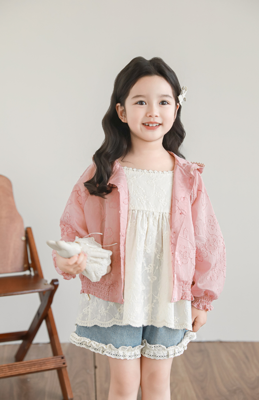 Girls Silky Floral Embroidered Jacket, Blush Pink