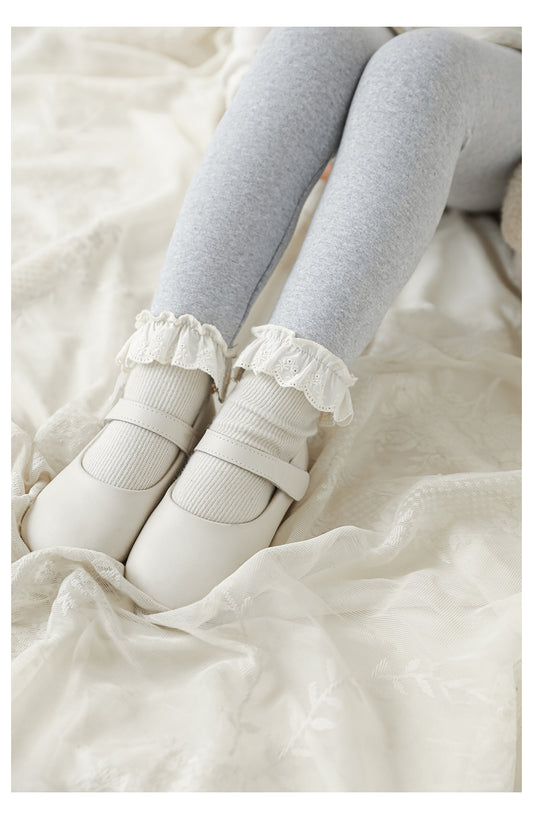 Girls Lace-Trim Cotton Leggings, Marl Grey