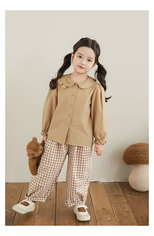 Girls Cotton Barrel Tapered Trousers, Beige Gingham