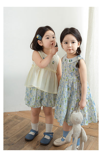 Girls Floral Embroidered Sleeveless Dress, Blue Tulips