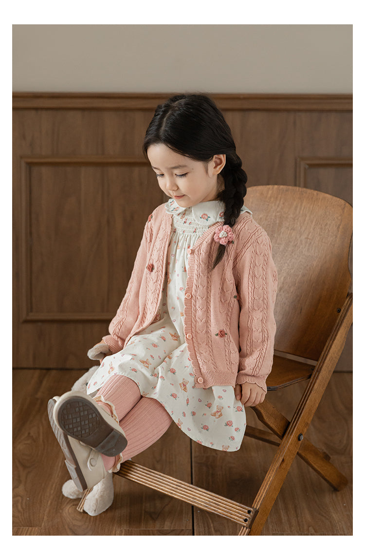 Baby Girl Floral Crochet Cable Knit Cardigan, Dusty Rose