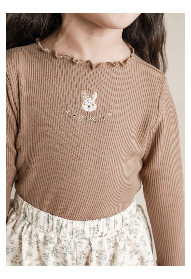 Baby Girl Bunny Embroidered Ribbed Top, Khaki Brown