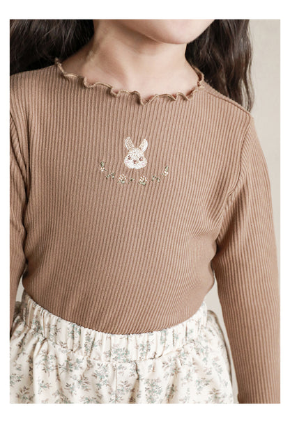 Baby Girl Bunny Embroidered Ribbed Top, Khaki Brown