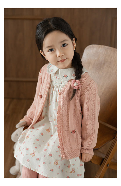 Baby Girl Floral Crochet Cable Knit Cardigan, Dusty Rose