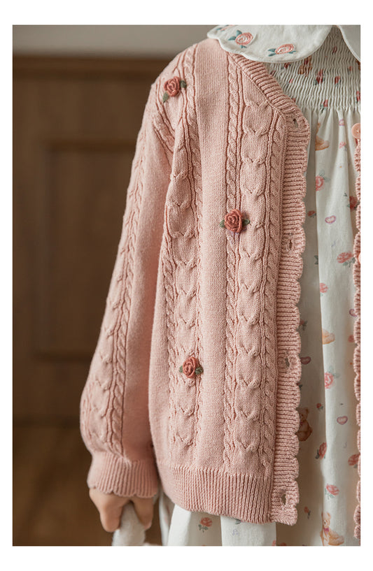 Baby Girl Floral Crochet Cable Knit Cardigan, Dusty Pink
