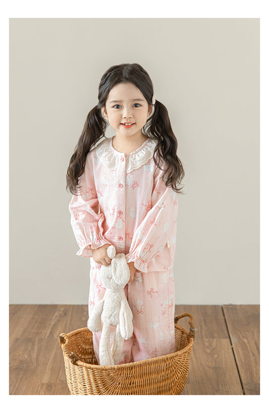 Girls Lace Collar Pyjama Set, Pink Bunny