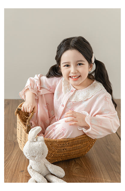 Girls Lace Collar Pyjama Set, Pink Bunny