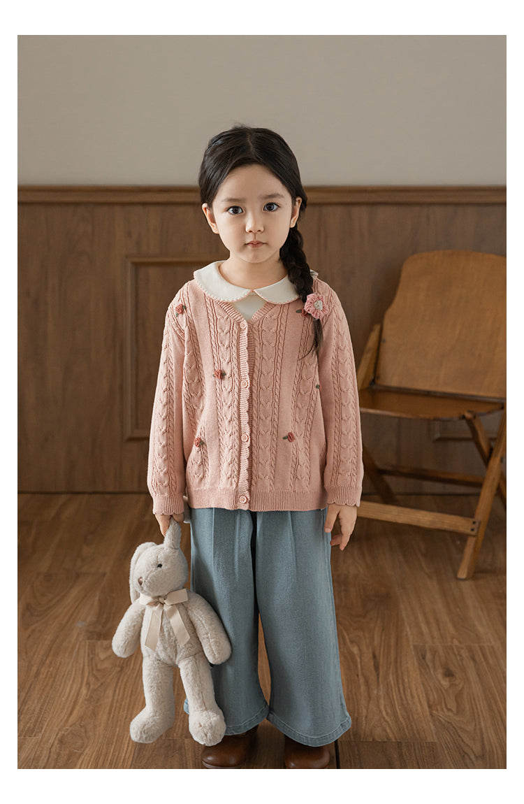 Baby Girl Floral Crochet Cable Knit Cardigan, Dusty Rose