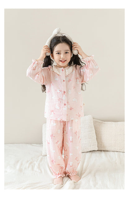 Girls Lace Collar Pyjama Set, Pink Bunny
