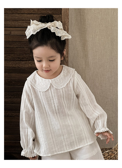 Girls Lace Blouse with Peter Pan Collar, White