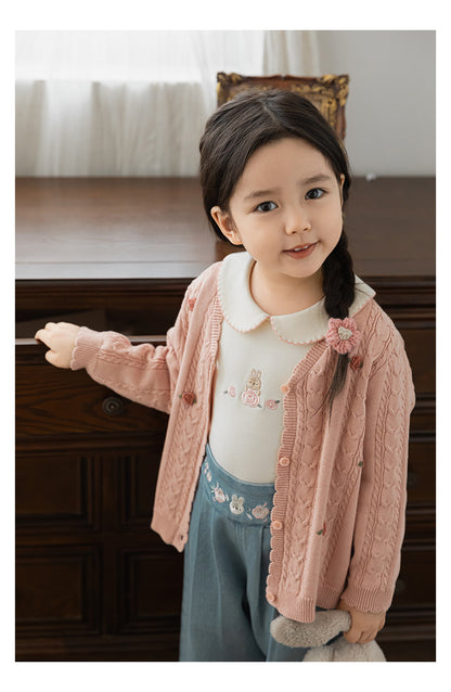 Baby Girl Floral Crochet Cable Knit Cardigan, Dusty Rose