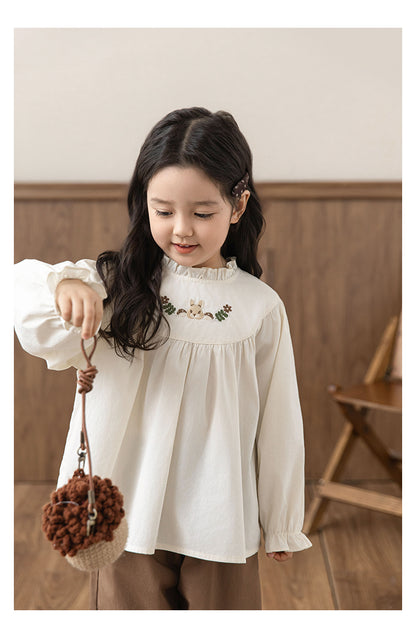 Girls Embroidered Ruffled Doll Blouse, Ivory White