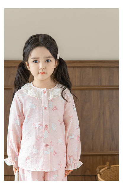 Girls Lace Collar Pyjama Set, Pink Bunny