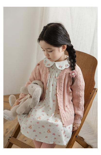 Baby Girl Floral Crochet Cable Knit Cardigan, Dusty Rose