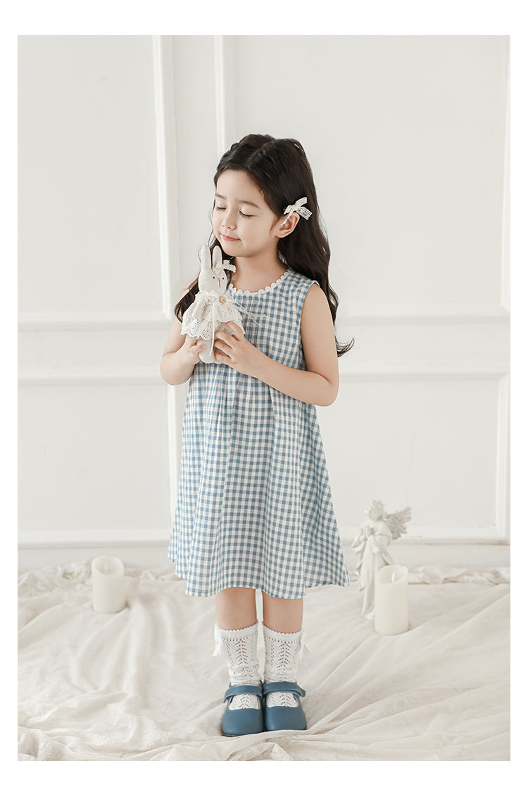 Girls Lace Trim Pleated Dress, Blue Gingham