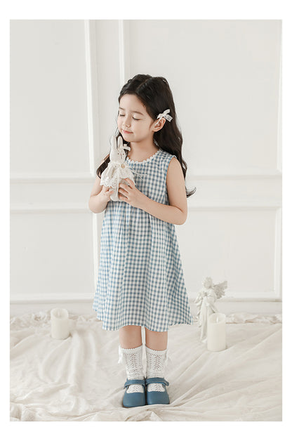 Girls Lace Trim Pleated Dress, Blue Gingham