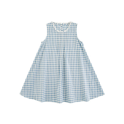 Girls Lace Trim Pleated Dress, Blue Gingham