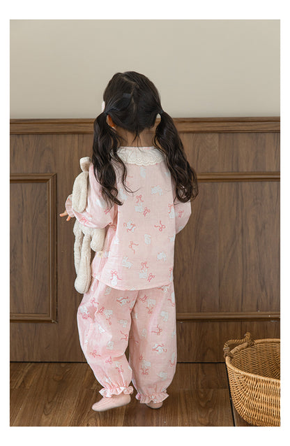 Girls Lace Collar Pyjama Set, Pink Bunny