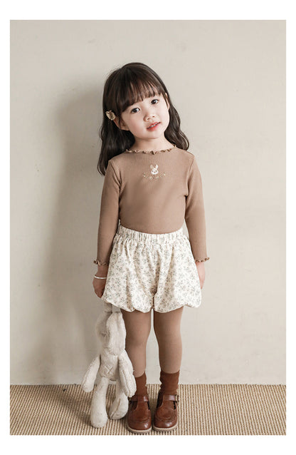 Baby Girl Bunny Embroidered Ribbed Top, Khaki Brown